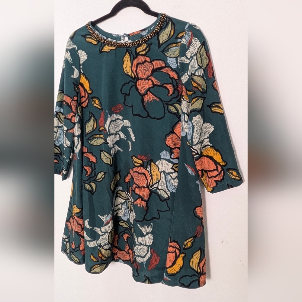 Maeve Anthropologie Mini Dress Green Peonies 3/4 Sleeve Small Beaded Neck Sz PS - Picture 3 of 14